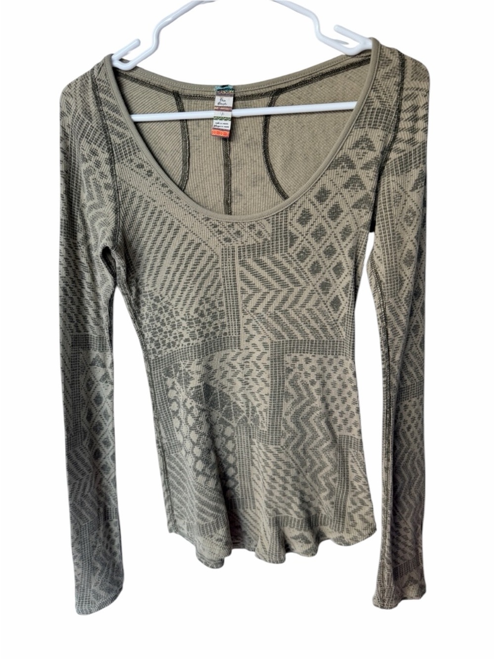 Free People Waffle Knit Thermal Top Medium Olive Geometric Print